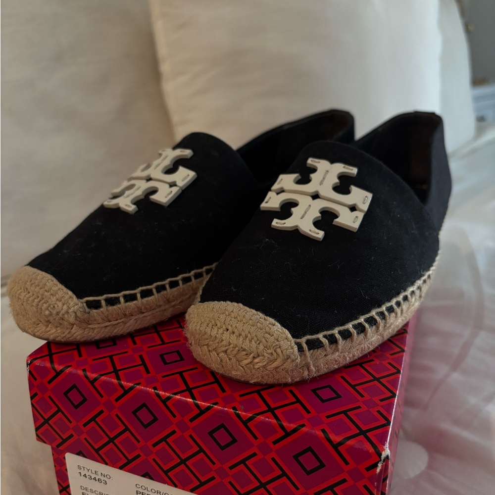Tory Burch Black Canvas Espadrilles with Ivory Logo